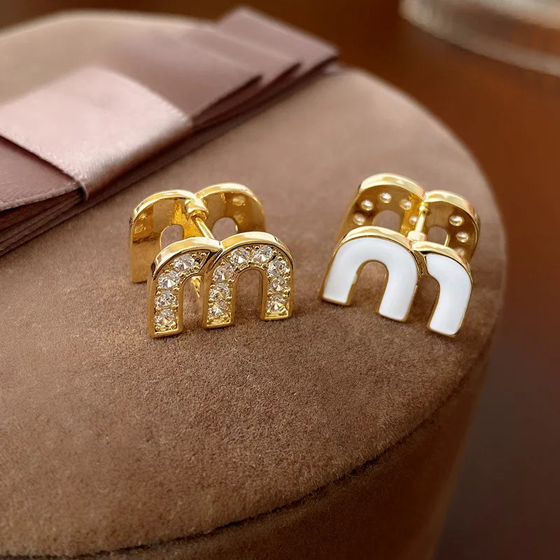 Zircon Drop Oil M Letter Ear Buckle Female Design High-Grade Sense Stud Earrings for Women Fashion Light Luxury Jewelry Gifts
